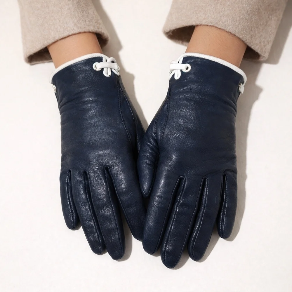 Vintage 50s 60s Navy Blue Leather Driving Gloves White Trim Mod Chic